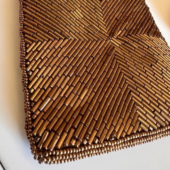Vintage 80's Bronze Tone Beaded Evening Bag 21" Strap - Picture 15 of 17